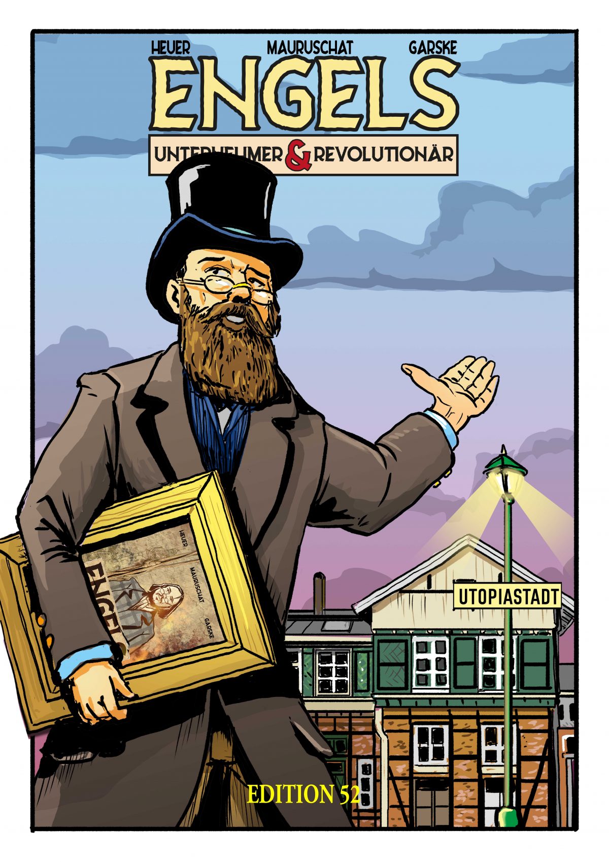 Gezeichnet im Comic-Stil: Friedrich Engels vor dem Mirker Bahnhof, er weist mit einer Hand Richtung Utopiastadt, unter dem anderen Arm hält er einen Bilderrahmen mit dem Cover-Motiv des Engels-Comics.