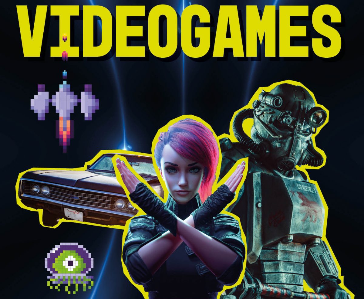VIDEOGAMES, Bilder diverser Videogame-Figuren, Ausschnitt aus dem Buchcover ›Eine kleine Geschichte der Videogames‹ von Fabian W. W. Mauruschat